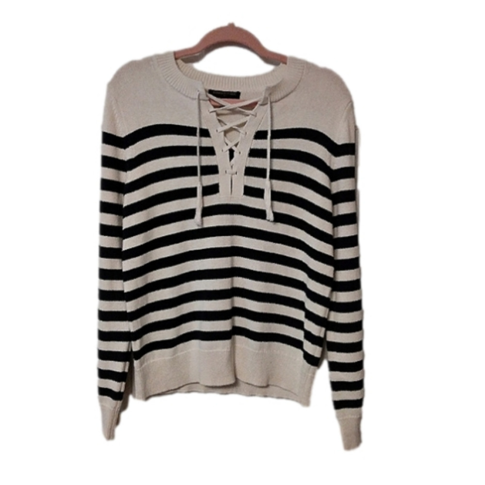 Banana Republic Navy & Cream Pull-on Lace-Up Long Sleeve Front Sailor Sweater S